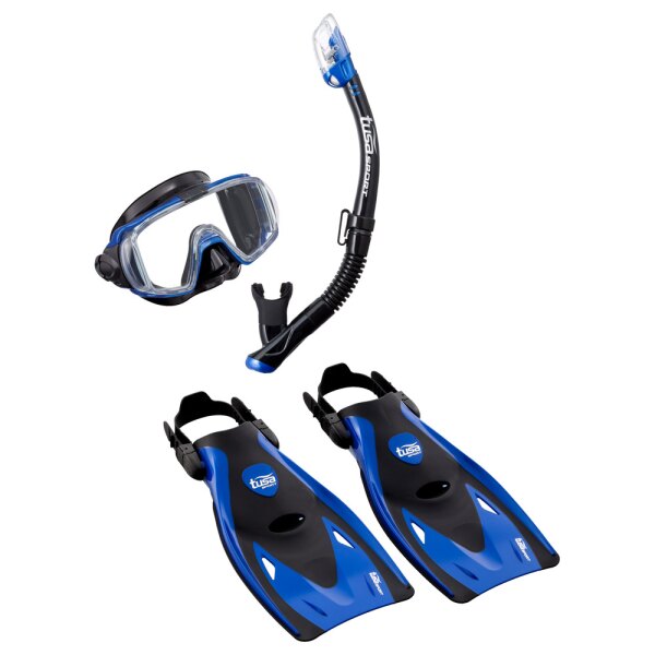 TUSA Sport Adult Platina Hyperdry Mask, Snorkel, & Fins Travel Set, Clear  Blue, Medium 